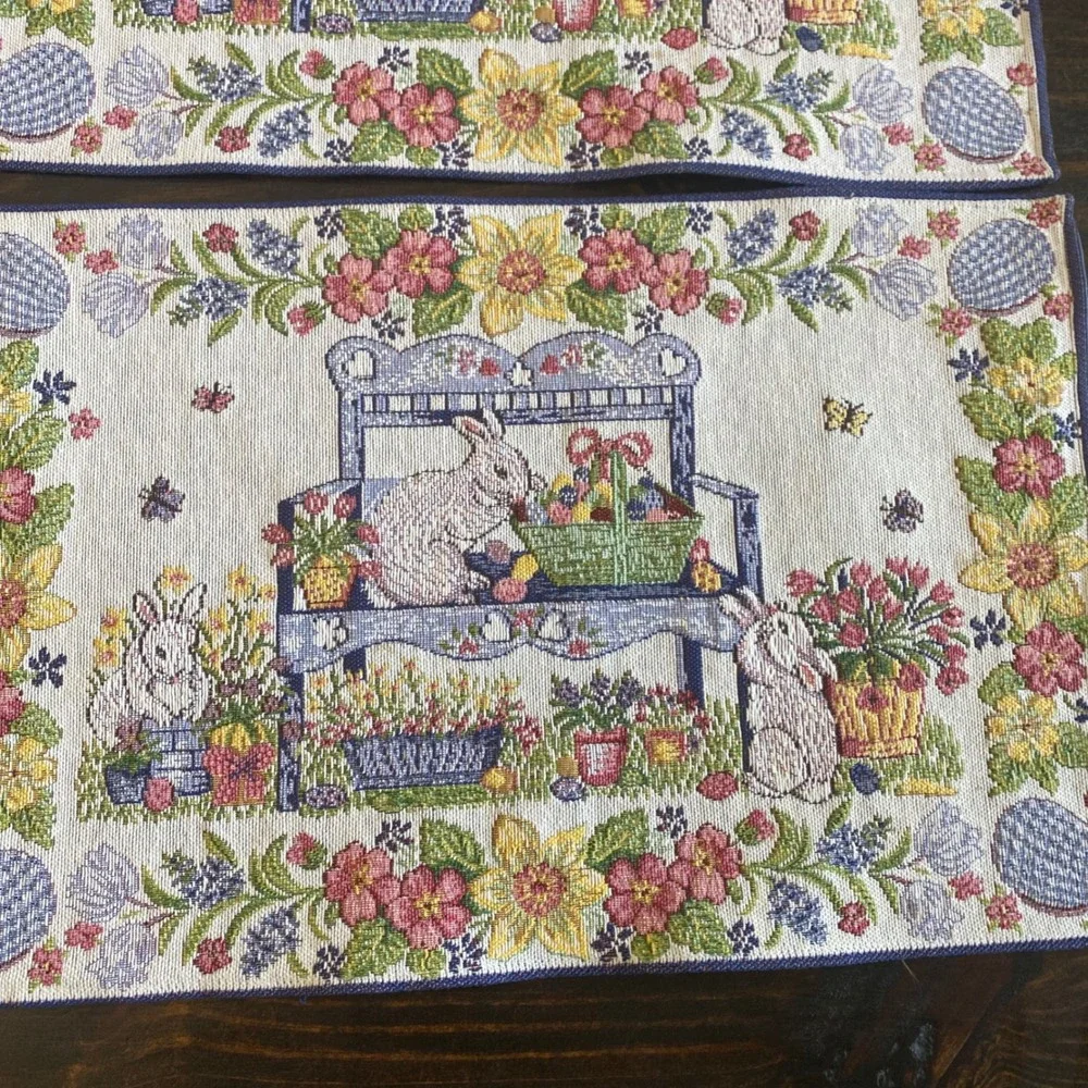 Set of 4 Easter Bunny Garden Woven Tapestry Placemats Spring Floral Blue